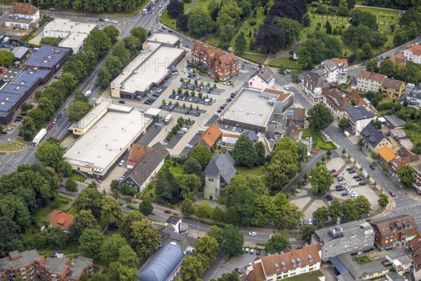 Aerial view, local shopping centre Dortmunder Straße, Evangelical St. Victor Church, Fangstraße, Herringen, Hamm, Ruhr area, North Rhine-Westphalia, Germany, place of worship, DE, shopping markets, shopping place, shopping centre, Europe, religious community, place of worship, holy place, church, parish, denomination, aerial view, aerial photography, aerial photography, religion, religious site, overview, bird's eye view, birds-eyes view, overview