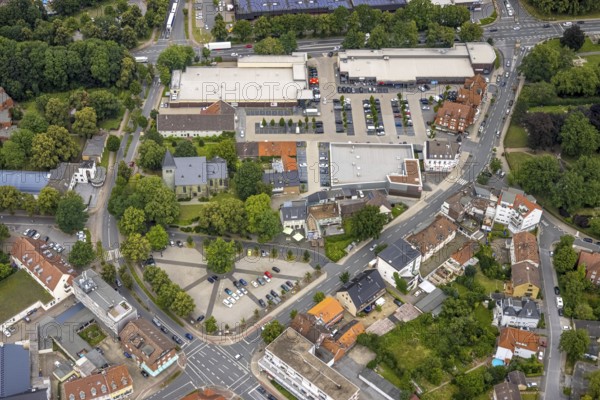 Aerial view, local shopping centre Dortmunder Straße, Evangelical St. Victor Church, Fangstraße, Herringen, Hamm, Ruhr area, North Rhine-Westphalia, Germany, place of worship, DE, shopping markets, shopping place, shopping centre, Europe, religious community, place of worship, holy place, church, parish, denomination, aerial view, aerial photography, aerial photography, religion, religious site, overview, bird's eye view, birds-eyes view, overview
