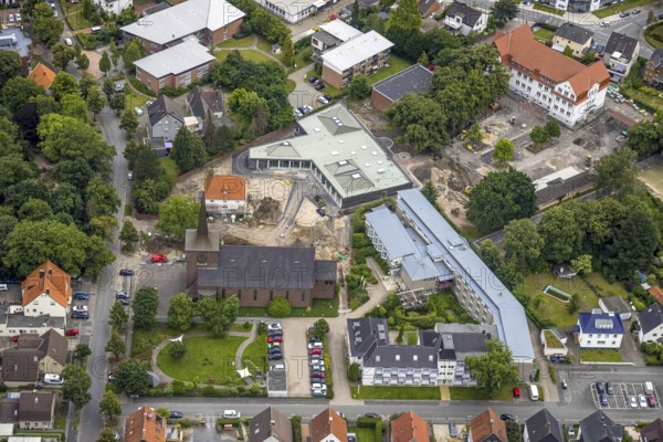 Aerial view, Caritas retirement home St. Josef, cath. Heilig Kreuz Kirche, Haus der Begegnung, Herringen, Hamm, Ruhr area, North Rhine-Westphalia, Germany, old people's home, retirement home, retirement home, place of worship, care and nursing, DE, Europe, religious community, place of worship, holy place, church, parish, denomination, aerial view, aerial photography, aerial photography, care facility, religion, religious site, retirement home, retirement residence, retirement home, retirement centre, overview, bird's eye view, birds-eyes view, overview