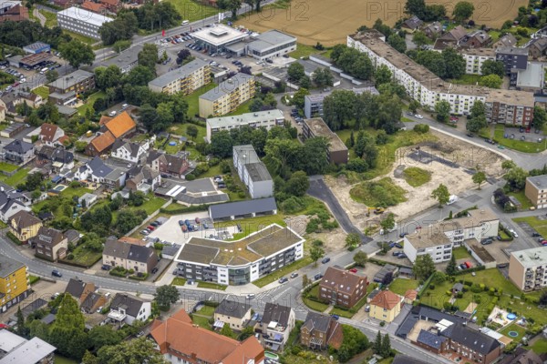 Aerial view, construction area and new build flats Waldenburger Straße, urban renewal area, Herringen, Hamm, Ruhr area, North Rhine-Westphalia, Germany, construction work, building, construction area, building site, building plots, construction project, construction site, DE, development, Europe, property tax, real estate, capacity requirements, aerial photograph, aerial photography, aerial photography, new build, overview, bird's eye view, growth, residential complex, living and living, residential area, residential buildings, residential neighbourhood, housing estate, bird's eye view, overview