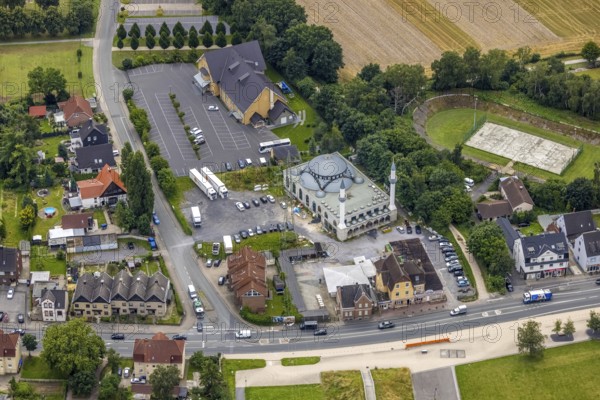 Aerial view, New Ulu Mosque, Herringen, Hamm, Ruhr area, North Rhine-Westphalia, Germany, place of worship, DE, Europe, religious community, place of worship, holy place, church, parish, denomination, aerial photograph, aerial photography, aerial photography, religion, religious site, overview, bird's-eye view, overview