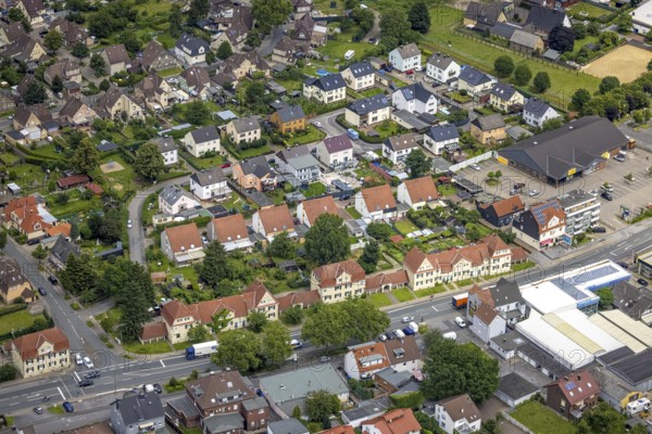 Aerial view, workers' housing estate Isenbecker Hof, Juffernbuschstraße, Feldstraße, Herringen, Hamm, Ruhr area, North Rhine-Westphalia, Germany, miners' housing estate, DE, Europe, property tax, real estate, aerial view, aerial photography, aerial photography, overview, bird's-eye view, housing estate, housing and living, residential area, residential buildings, housing quality, residential neighbourhood, housing estate, birds-eyes view, overview