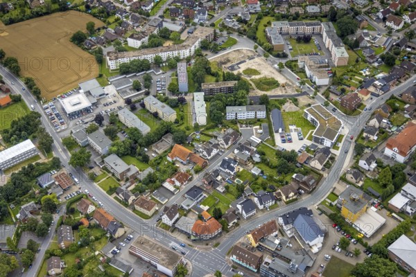Aerial view, construction area and new build flats Waldenburger Straße, urban renewal area, Herringen, Hamm, Ruhr area, North Rhine-Westphalia, Germany, construction work, building, construction area, building site, building plots, construction project, construction site, DE, development, Europe, property tax, real estate, capacity requirements, aerial photograph, aerial photography, aerial photography, new build, overview, bird's eye view, growth, residential complex, living and living, residential area, residential buildings, residential neighbourhood, housing estate, bird's eye view, overview