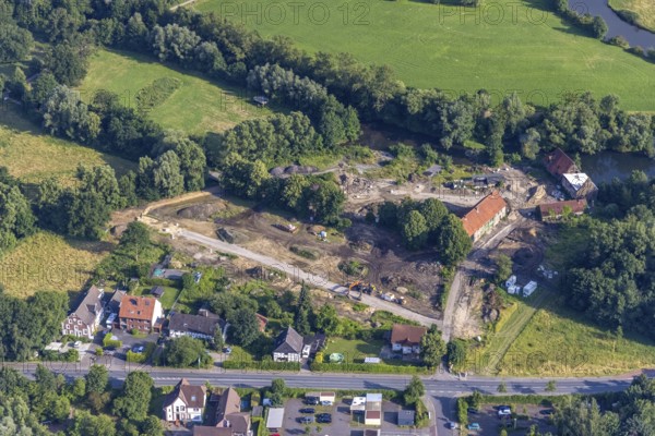 Aerial view, construction site for housing at the Schlossmühle am Mühlenteich, Heessen, Hamm, Ruhr area, North Rhine-Westphalia, Germany, demolition work, construction work, construction area, building site, building plots, construction project, construction site, DE, Europe, aerial view, aerial photography, aerial photography, overview, bird's-eye view, overview