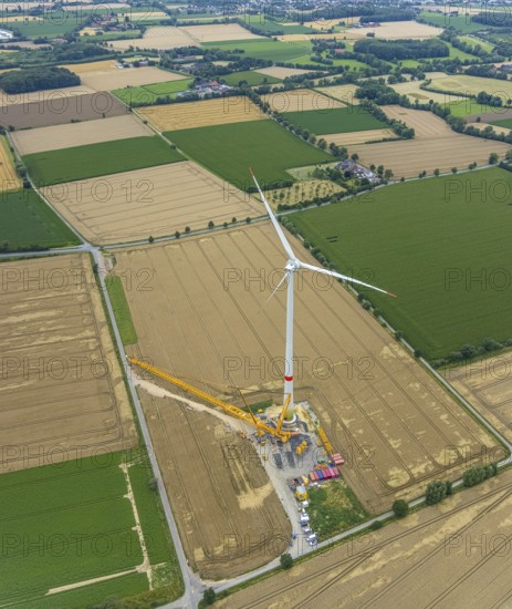 Aerial view, meadows and fields with construction site and new wind turbine, Rhynern, Hamm, Ruhr area, North Rhine-Westphalia, Germany, DE, Europe, aerial view, aerial photography, aerial photography, mosaic form, overview, bird's-eye view, WTG, meadows and fields, wind energy, wind turbine, wind power, wind power plant, wind turbines, birds-eyes view, overview