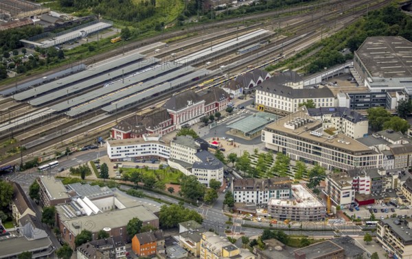Aerial view, Hamm Westf. Main station, B&B Hotel, construction site and new residential building on the former site of the Kippâ'¬â¢n in, Neue Bahnhofstraße, centre, Hamm, Ruhr area, North Rhine-Westphalia, Germany, railway tracks, railway station, station forecourt, platform, construction work, construction area, construction site, building plots, construction, construction project, construction site, DE, Deutsche Bahn AG, Europe, central station, main station, aerial view, aerial photography, aerial photography, new construction, overview, bird's-eye view, overview, construction site and new residential building on the former site of the Kipp'™n in