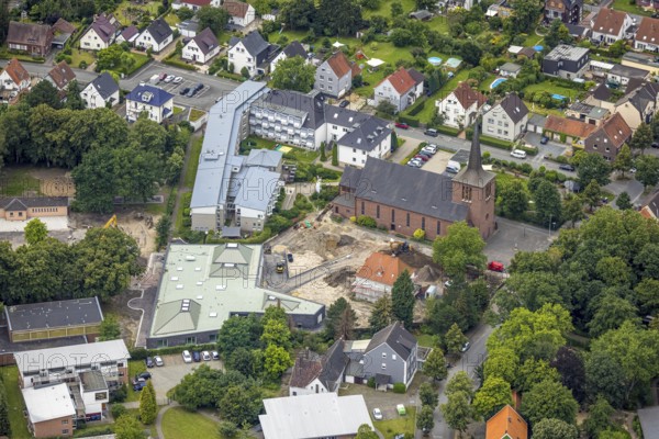 Aerial view, Caritas retirement home St. Josef, cath. Heilig Kreuz Kirche, Haus der Begegnung, Herringen, Hamm, Ruhr area, North Rhine-Westphalia, Germany, old people's home, retirement home, retirement home, place of worship, care and nursing, DE, Europe, religious community, place of worship, holy place, church, parish, denomination, aerial view, aerial photography, aerial photography, care facility, religion, religious site, retirement home, retirement residence, retirement home, retirement centre, overview, bird's eye view, birds-eyes view, overview