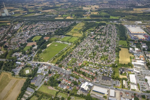 Aerial view, workers' housing estate Isenbecker Hof, Juffernbuschstraße, Herringen, Hamm, Ruhr area, North Rhine-Westphalia, Germany, miners' housing estate, DE, Europe, property tax, real estate, aerial view, aerial photography, aerial photography, overview, bird's-eye view, housing estate, housing and living, residential area, residential buildings, housing quality, residential neighbourhood, housing estate, birds-eyes view, overview