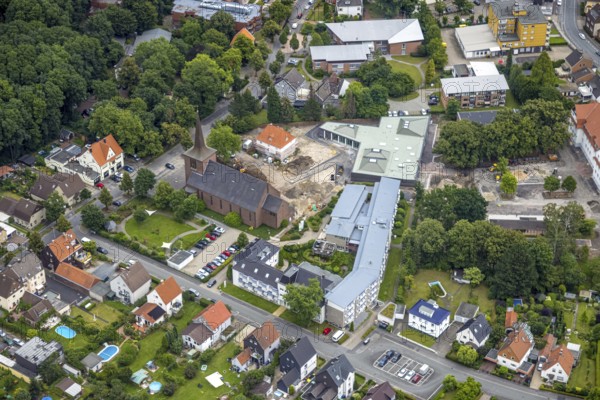 Aerial view, Caritas retirement home St. Josef, cath. Heilig Kreuz Kirche, Haus der Begegnung, Herringen, Hamm, Ruhr area, North Rhine-Westphalia, Germany, old people's home, retirement home, retirement home, place of worship, care and nursing, DE, Europe, religious community, place of worship, holy place, church, parish, denomination, aerial view, aerial photography, aerial photography, care facility, religion, religious site, retirement home, retirement residence, retirement home, retirement centre, overview, bird's eye view, birds-eyes view, overview