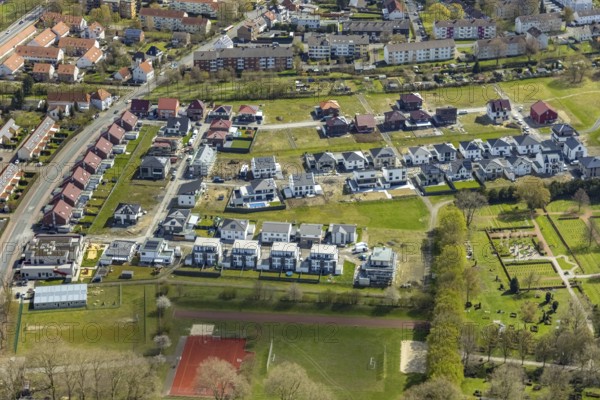 Aerial view, housing estate and development area Auf dem Beisenkamp, centre, Hamm, Ruhr area, North Rhine-Westphalia, Germany, DE, Europe, property tax, real estate, aerial view, aerial photography, aerial photography, overview, bird's-eye view, housing estate, housing and living, residential area, residential buildings, quality of living, residential quarter, housing estate, birds-eyes view, overview