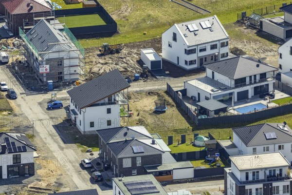 Aerial view, housing estate and development area Auf dem Beisenkamp, centre, Hamm, Ruhr area, North Rhine-Westphalia, Germany, DE, Europe, property tax, real estate, aerial view, aerial photography, aerial photography, overview, bird's-eye view, housing estate, housing and living, residential area, residential buildings, quality of living, residential quarter, housing estate, birds-eyes view, overview