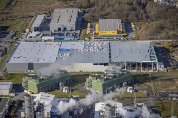 Aerial view, construction site and new building in DistributionPark Hamm, Trianelstraße, K'Park-Straße, Uentrop, Hamm, Ruhr area, North Rhine-Westphalia, Germany, construction work, construction area, building site, building plots, construction project, construction site, DE, DHL, Europe, commercial enterprises, commercial space, commercial area, commercial park, commercial location, commercial use, real estate developer Hines, industrial area, industrial building, industrial location, logistics, logistics provider, logistics centre, aerial view, aerial photography, aerial photography, new construction, overview, bird's-eye view, overview
