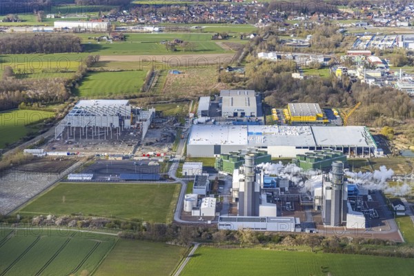 Aerial view, construction site and new building in DistributionPark Hamm, Trianelstraße, K'Park-Straße, Uentrop, Hamm, Ruhr area, North Rhine-Westphalia, Germany, construction work, construction area, building site, building plots, construction project, construction site, DE, DHL, Europe, commercial enterprises, commercial space, commercial area, commercial park, commercial location, commercial use, real estate developer Hines, industrial area, industrial building, industrial location, logistics, logistics provider, logistics centre, aerial view, aerial photography, aerial photography, new construction, overview, bird's-eye view, overview