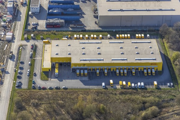 Aerial view, construction site and new building in DistributionPark Hamm, Trianelstraße, K'Park-Straße, Uentrop, Hamm, Ruhr area, North Rhine-Westphalia, Germany, construction work, construction area, building site, building plots, construction project, construction site, DE, DHL, Europe, commercial enterprises, commercial space, commercial area, commercial park, commercial location, commercial use, real estate developer Hines, industrial area, industrial building, industrial location, logistics, logistics provider, logistics centre, aerial view, aerial photography, aerial photography, new construction, overview, bird's-eye view, overview