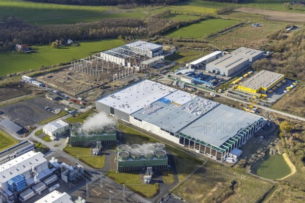 Aerial view, construction site and new building in DistributionPark Hamm, Trianelstraße, K'Park-Straße, Uentrop, Hamm, Ruhr area, North Rhine-Westphalia, Germany, construction work, construction area, building site, building plots, construction project, construction site, DE, DHL, Europe, commercial enterprises, commercial space, commercial area, commercial park, commercial location, commercial use, real estate developer Hines, industrial area, industrial building, industrial location, logistics, logistics provider, logistics centre, aerial view, aerial photography, aerial photography, new construction, overview, bird's-eye view, overview