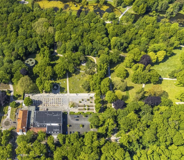 Aerial view of the spa hotel Hamm, spa hotel Bad Hamm, largest beer garden in Hamm, next to the manual therapy clinic, spa garden, Uentrop, Hamm, Ruhr area, North Rhine-Westphalia, Germany, DE, Europe, aerial photo, birds-eyes view, aerial photography, aerial photography, overview, bird's eye view