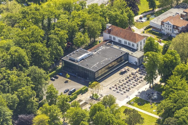 Aerial view of the spa hotel Hamm, spa hotel Bad Hamm, largest beer garden in Hamm, next to the manual therapy clinic, spa garden, Uentrop, Hamm, Ruhr area, North Rhine-Westphalia, Germany, DE, Europe, aerial photo, birds-eyes view, aerial photography, aerial photography, overview, bird's eye view