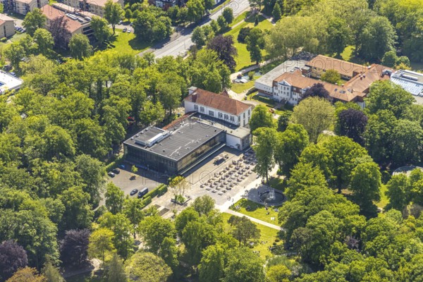Aerial view of the spa hotel Hamm, spa hotel Bad Hamm, largest beer garden in Hamm, next to the manual therapy clinic, spa garden, Uentrop, Hamm, Ruhr area, North Rhine-Westphalia, Germany, DE, Europe, aerial photo, birds-eyes view, aerial photography, aerial photography, overview, bird's eye view