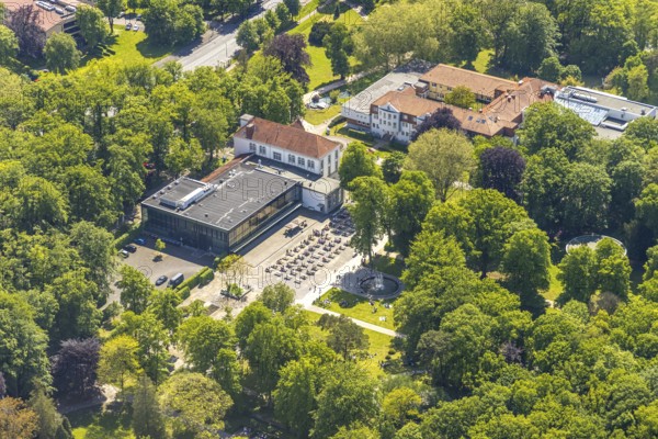 Aerial view of the spa hotel Hamm, spa hotel Bad Hamm, largest beer garden in Hamm, next to the manual therapy clinic, spa garden, Uentrop, Hamm, Ruhr area, North Rhine-Westphalia, Germany, DE, Europe, aerial photo, birds-eyes view, aerial photography, aerial photography, overview, bird's eye view
