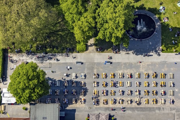 Aerial view of the spa hotel Hamm, spa hotel Bad Hamm, largest beer garden in Hamm, next to the manual therapy clinic, spa garden, Uentrop, Hamm, Ruhr area, North Rhine-Westphalia, Germany, DE, Europe, aerial photo, birds-eyes view, aerial photography, aerial photography, overview, bird's eye view