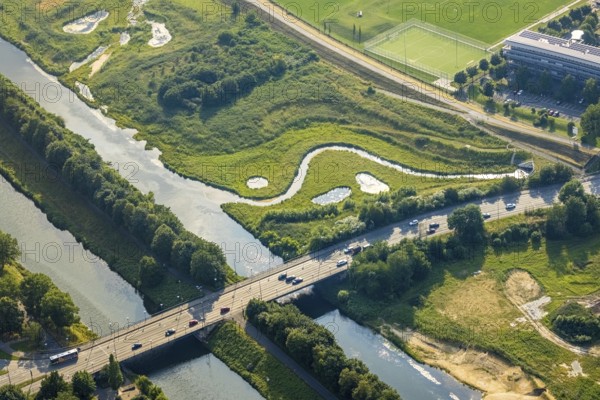 Aerial view, Lippe floodplain at the Münsterstraße bridge, Heessen, Hamm, Ruhr area, North Rhine-Westphalia, Germany, bridge, DE, Europe, shapes and colours, Lippe floodplain, aerial view, aerial photography, aerial photography, overview, bird's eye view, birds-eyes view, overview