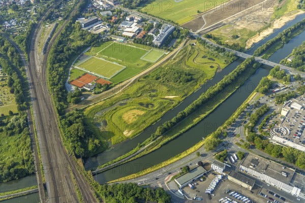 Aerial view, Lippe floodplain at the Münsterstraße bridge, Heessen, Hamm, Ruhr area, North Rhine-Westphalia, Germany, railway tracks, bridge, DE, Europe, Lippe floodplain, aerial view, aerial photography, aerial photography, overview, bird's eye view, birds-eyes view, overview