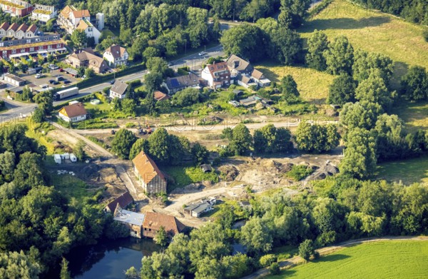 Aerial view, construction site for housing at the Schlossmühle am Mühlenteich, Heessen, Hamm, Ruhr area, North Rhine-Westphalia, Germany, demolition work, construction work, construction area, building site, building plots, construction project, construction site, DE, Europe, aerial view, aerial photography, aerial photography, overview, bird's-eye view, overview