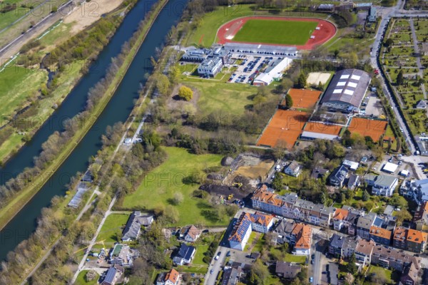 Aerial view, Hamm-Ost sports centre with Jahnstadion and tennis court, reha Bad Hamm, river Lippe and Datteln-Hamm canal, centre, Hamm, Ruhr area, North Rhine-Westphalia, Germany, d 0.808329 0.835385, Arthur-Dewitz-Straße, care and nursing, DE, Europe, football pitch, football stadium, healthcare, aerial view, aerial photography, aerial photography, medical facility, medical assistance, care facility, rehabilitation centre, sports, sports facilities, sports field, sports facility, tennis, tennis facility, tennis courts, overview, bird's eye view, birds-eyes view, overview, medical care
