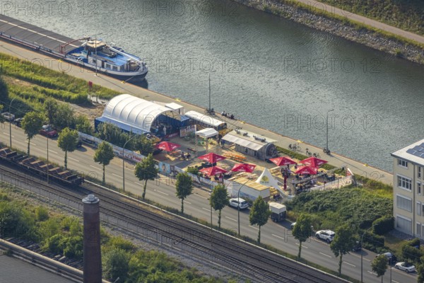 Aerial view, beer garden Pirates ANKER & HERZ in Hafenstraße, Mitte, Hamm, Ruhr area, North Rhine-Westphalia, Germany, beer garden, café, Corona, DE, Europe, gastronomy, harbour, aerial view, aerial photography, aerial photography, restaurant, sunshades, overview, bird's eye view, overview, café