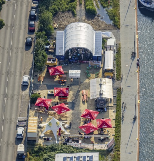 Aerial view, beer garden Pirates ANKER & HERZ in Hafenstraße, Mitte, Hamm, Ruhr area, North Rhine-Westphalia, Germany, beer garden, café, Corona, DE, Europe, gastronomy, harbour, aerial view, aerial photography, aerial photography, restaurant, sunshades, overview, bird's eye view, overview, café