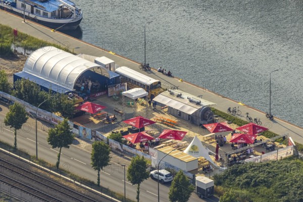 Aerial view, beer garden Pirates ANKER & HERZ in Hafenstraße, Mitte, Hamm, Ruhr area, North Rhine-Westphalia, Germany, beer garden, café, Corona, DE, Europe, gastronomy, harbour, aerial view, aerial photography, aerial photography, restaurant, sunshades, overview, bird's eye view, overview, café
