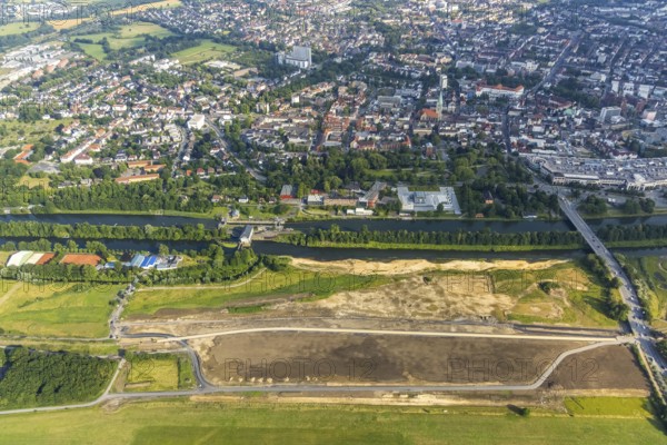 Aerial view, city centre view, construction site for protective dam at Jupp-Eickhoff-Weg, water sports centre, Lippestrand, Heessen, Hamm, Ruhr area, North Rhine-Westphalia, Germany, construction work, construction area, building site, building plots, construction project, construction site, DE, Europe, aerial view, aerial photography, aerial photography, overview, bird's-eye view, bird's-eye view, overview