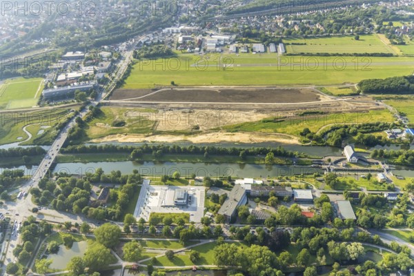Aerial view, Hammonense grammar school, new water sports centre, construction site for protective dam on Jupp-Eickhoff-Weg, Lippe beach, Hamm-Lippewiesen airfield, Heessen, Hamm, Ruhr area, North Rhine-Westphalia, Germany, construction work, construction area, construction site, building plots, construction, construction project, construction site, education, educational institution, DE, Europe, flight mission, airport, airfield, grammar school, runway, educational institute, aerial photography, aerial photography, aerial photography, school, runway, overview, bird's-eye view, birds-eyes view, overview