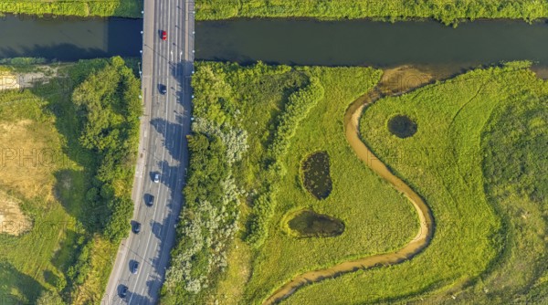 Aerial view, Lippe floodplain at the Münsterstraße bridge, Heessen, Hamm, Ruhr area, North Rhine-Westphalia, Germany, bridge, DE, Europe, shapes and colours, Lippe floodplain, aerial view, aerial photography, aerial photography, overview, bird's eye view, birds-eyes view, overview