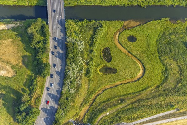 Aerial view, Lippe floodplain at the Münsterstraße bridge, Heessen, Hamm, Ruhr area, North Rhine-Westphalia, Germany, bridge, DE, Europe, shapes and colours, Lippe floodplain, aerial view, aerial photography, aerial photography, overview, bird's eye view, birds-eyes view, overview