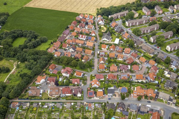 Aerial view, residential area west of the alleyway Ontariogrund, Bockum-Hövel, Hamm, Ruhr area, North Rhine-Westphalia, Germany, DE, Europe, Falkenstraße, property tax, Gülderlinggasse, real estate, aerial view, aerial photography, aerial photography, Sternrenettenweg, overview, bird's eye view, residential area, housing and living, residential area, residential buildings, residential quality, residential neighbourhood, housing estate, birds-eyes view, overview