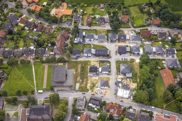 Aerial view, construction site, construction area Dörholtstraße and Am Sportfreundeplatz, Bockum-Hövel, Hamm, Ruhr area, North Rhine-Westphalia, Germany, construction work, construction area, building site, building plots, construction project, construction site, DE, Europe, aerial view, aerial photography, aerial photography, new building, overview, bird's-eye view, overview