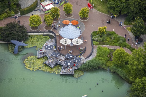 Aerial view, Maximilianpark leisure park, kiosk at the lake, Uentrop, Hamm, Ruhr area, North Rhine-Westphalia, Germany, outdoor catering, DE, food and drink, Europe, leisure facility, leisure activities, leisure park, leisure enjoyment, gastronomy, aerial photography, aerial photography, MaxiPark, SeeKiosk, overview, bird's-eye view, bird's-eye view, overview