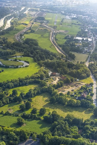 Aerial view, construction site for housing at the Schlossmühle am Mühlenteich, approach and departure Hamm-Lippewiesen airfield, Lippedammerweiterung, Heessen, Hamm, Ruhr area, North Rhine-Westphalia, Germany, demolition work, construction work, construction area, construction site, building plots, construction project, construction site, DE, Europe, departure mission, airport, airfield, Hamm-Lippewiesen airfield, runway, aerial photograph, aerial photography, aerial photography, runway, overview, bird's-eye view, birds-eyes view, overview