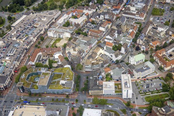Aerial view, shopping centre, planned demolition residential building Ritterstraße 40, Mitte, Hamm, Ruhr area, North Rhine-Westphalia, Germany, demolition in planning, brothel Ritterstraße 40, DE, shopping, shopping markets, shopping place, Europe, aerial view, aerial photography, aerial photography, local supply centre, problem property, red light district, shopping centre, overview, bird's eye view, Westring, Woolworth department stores', birds-eyes view, overview