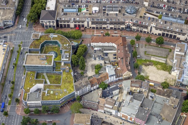 Aerial view, shopping centre, planned demolition residential building Ritterstraße 40, Mitte, Hamm, Ruhr area, North Rhine-Westphalia, Germany, demolition in planning, brothel Ritterstraße 40, DE, shopping, shopping markets, shopping place, Europe, aerial view, aerial photography, aerial photography, local supply centre, problem property, red light district, shopping centre, overview, bird's eye view, Westring, Woolworth department stores', birds-eyes view, overview