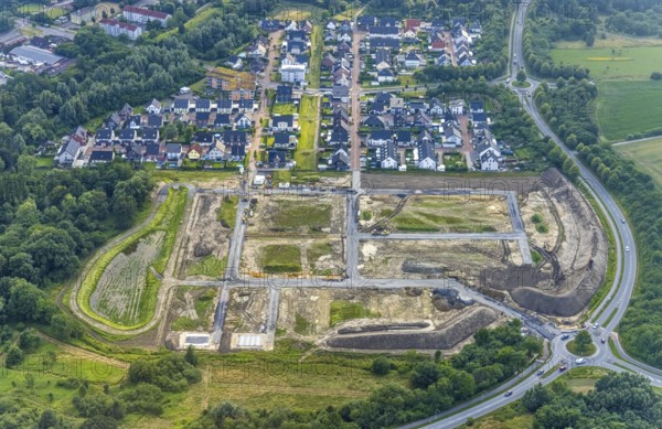 Aerial view, construction area at Sachsenring with housing estate in the district of Heessen, Hamm, Ruhr area, North Rhine-Westphalia, Germany, construction work, building, construction area, building site, building plots, construction project, construction site, DE, Europe, property tax, real estate, roundabout, roundabout, aerial view, aerial photography, aerial photography, metropolitan region Rhine-Ruhr, new building, overview, bird's-eye view, housing estate, living and living, residential area, residential buildings, residential quality, residential quarter, housing estate, birds-eyes view, overview