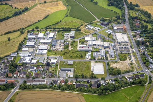 Aerial view, commercial quarter Hohefeld, Herbert-Rust-Weg, Uentrop, Hamm, Ruhr area, North Rhine-Westphalia, Germany, construction area, building site, building plots, building site, construction site, Brillux building, DE, Europe, commercial enterprises, commercial area, commercial park, commercial location, commercial use, Hohefeldweg, industrial area, industrial building, industrial location, aerial photograph, aerial photography, aerial photography, Soester Straße, overview, bird's eye view, birds-eyes view, overview