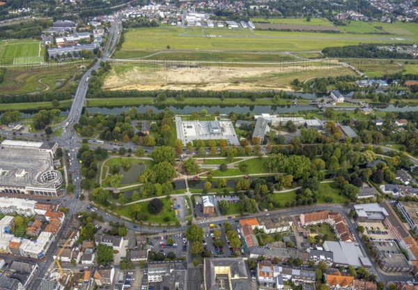 Aerial view, construction site new bridge in the Nordringpark in the district Mitte in Hamm, Ruhr area, North Rhine-Westphalia, Germany, construction work, construction area, construction site, building plots, construction project, construction site, DE, Europe, Hamm, aerial view, aerial photography, aerial photography, new building, overview, bird's eye view, birds-eyes view, overview