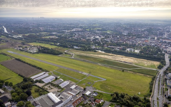Aerial view, Hamm airfield and construction site for the Lippe floodplain experience project on the River Lippe and Datteln-Hamm Canal in the Heessen district of Hamm, Ruhr area, North Rhine-Westphalia, Germany