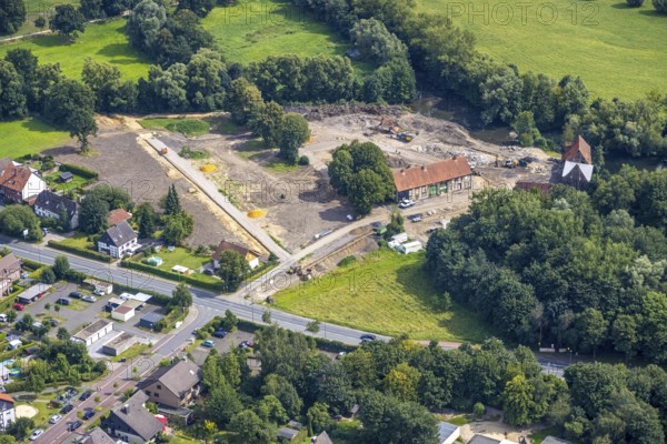Aerial view, construction site and renovation of the Schlossmühle am Mühlengraben am Mühlenteich in the district of Heessen, Hamm, Ruhr area, North Rhine-Westphalia, Germany, construction work, construction area, building site, building plots, construction project, construction site, DE, Europe, aerial view, aerial photography, aerial photography, aerial photography, renovation, overview, bird's-eye view, overview