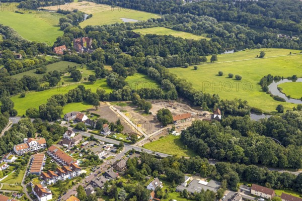 Aerial view, construction site and renovation of the Schlossmühle am Mühlengraben am Mühlenteich and Schloss Heessen in the Heessen district, Hamm, Ruhr area, North Rhine-Westphalia, Germany, construction work, construction area, building site, building plots, construction project, construction site, DE, Europe, aerial view, aerial photography, aerial photography, renovation, refurbishment, overview, bird's-eye view, bird's-eye view, overview