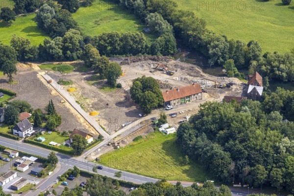 Aerial view, construction site and renovation of the Schlossmühle am Mühlengraben am Mühlenteich in the district of Heessen, Hamm, Ruhr area, North Rhine-Westphalia, Germany, construction work, construction area, building site, building plots, construction project, construction site, DE, Europe, aerial view, aerial photography, aerial photography, aerial photography, renovation, overview, bird's-eye view, overview