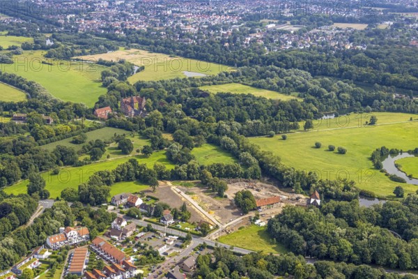 Aerial view, construction site and renovation of the Schlossmühle am Mühlengraben am Mühlenteich and Schloss Heessen in the Heessen district, Hamm, Ruhr area, North Rhine-Westphalia, Germany, construction work, construction area, building site, building plots, construction project, construction site, DE, Europe, aerial view, aerial photography, aerial photography, renovation, refurbishment, overview, bird's-eye view, bird's-eye view, overview