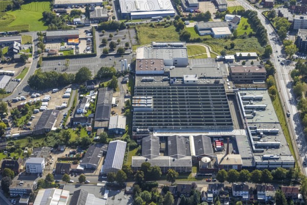 Aerial view, Römerstraße industrial estate with Hella GmbH Hueck und Co. plant in the Bockum-Hövel district of Hamm, Ruhr area, North Rhine-Westphalia, Germany, DE, Europe, distant view, commercial enterprises, commercial area, commercial estate, commercial site, commercial use, Hamm, industrial plants, industrial area, industrial site, colony, aerial photograph, aerial photography, aerial photography, Rhine-Ruhr metropolitan region, overview, bird's-eye view, bird's-eye view, overview